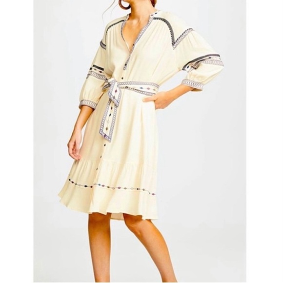 BA&SH Patty Embroidered Button Front Tie Waist Midi 3/4 Sleeve V-Neck Dress - Picture 4 of 13